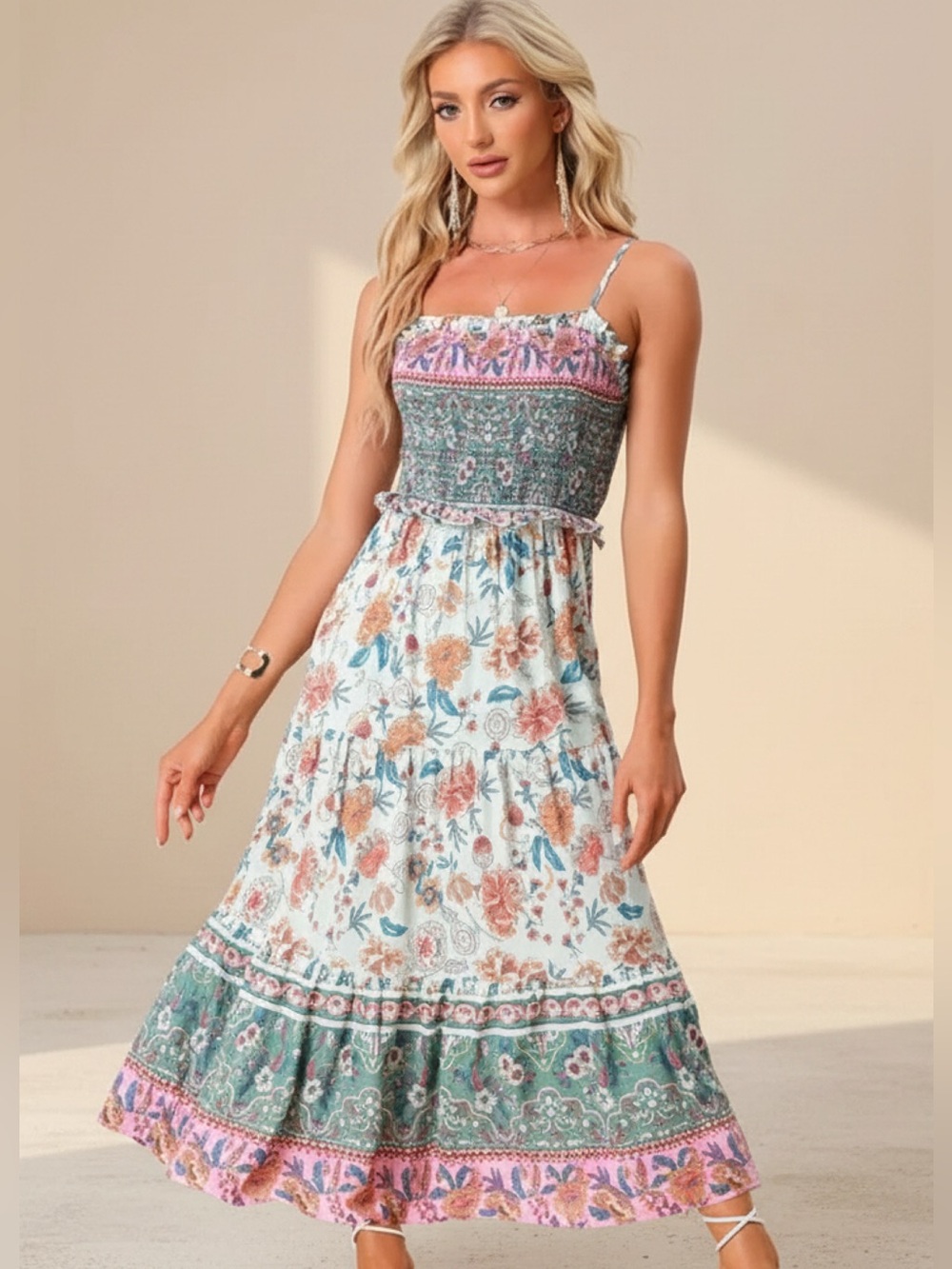 Floral Smocked Tiered Midi/Maxi Dress • NWT • 16"-20"+ p2p, 50" length - Picture 2 of 3
